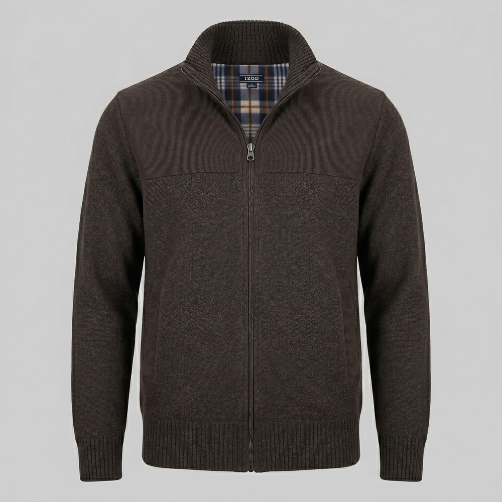 Izod Mens Large Brown Full Zip Sweater Jacket Plaid Fleece Lined Corduroy Trim